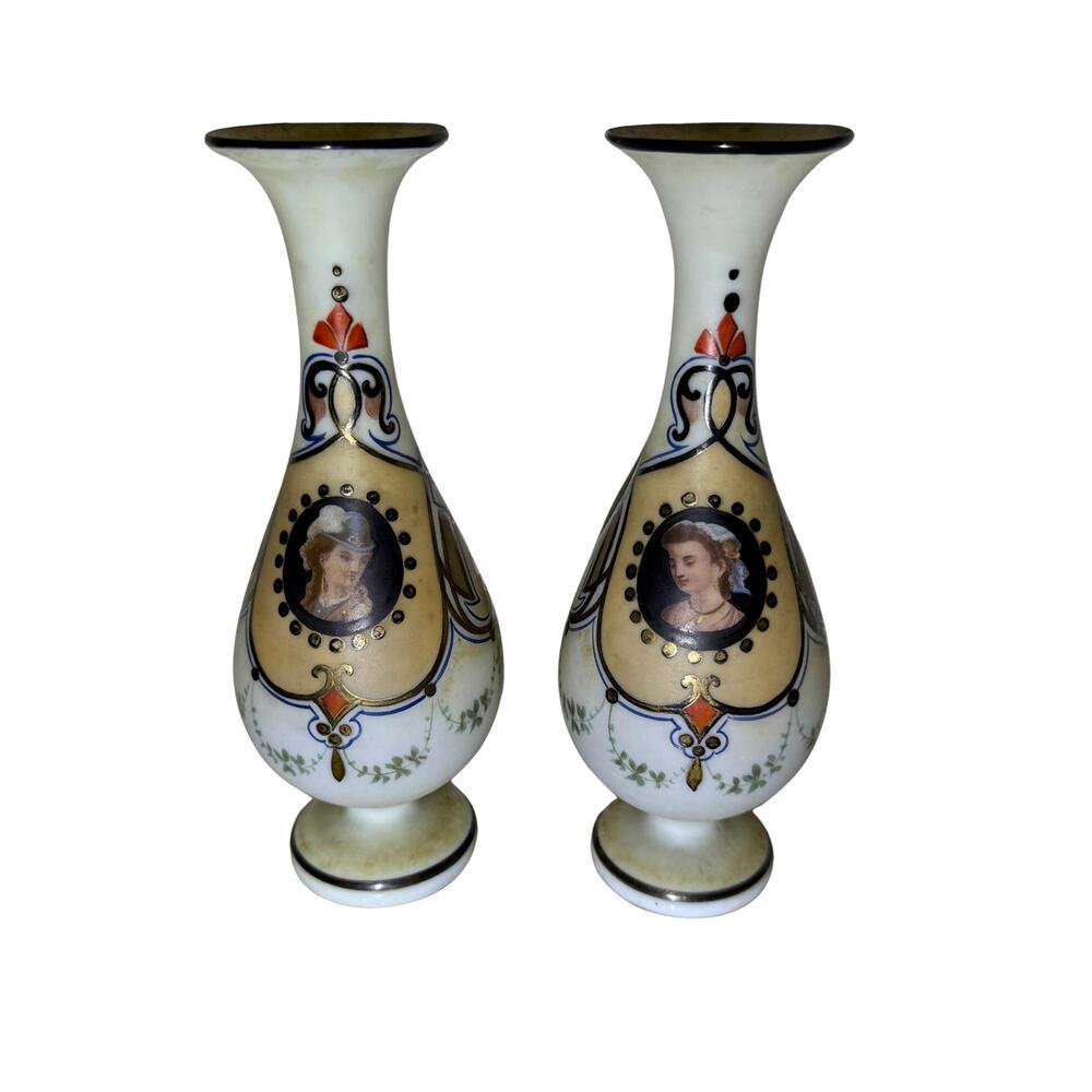 Antique 19th Century Opaline Vases Pair, French Victorian Glass